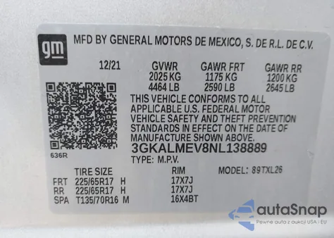 2022 GMC Terrain Fwd Sle z USA, uszkodzony, nr VIN 3GKALMEV8NL138889